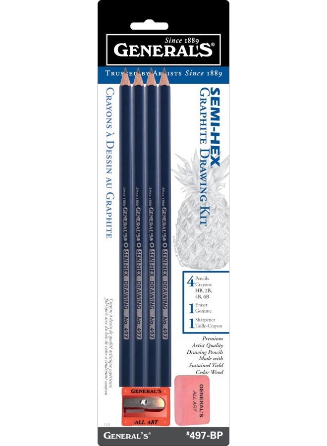 Pencil 497BP Semi-Hex Graphite Drawing Pencils 4/Pkg-HB, 2B, 4B, 6B