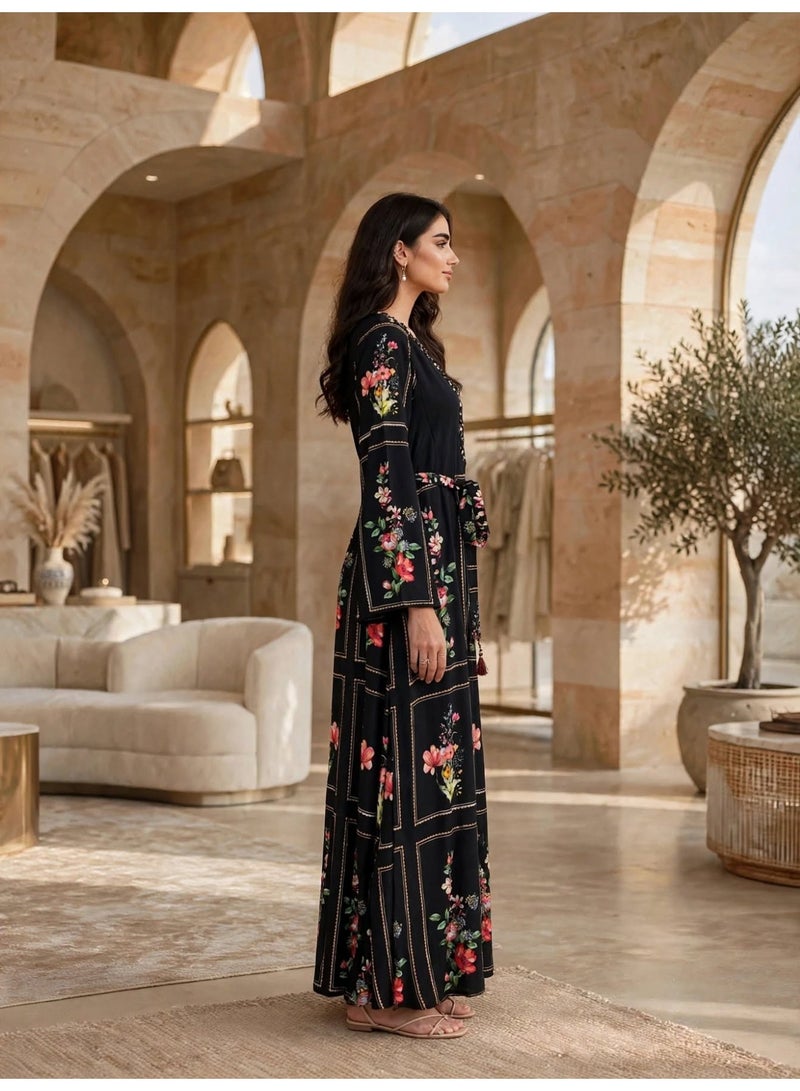 IKKXA Elegant Printed Jalabiya with Tassel Belt - Image 4
