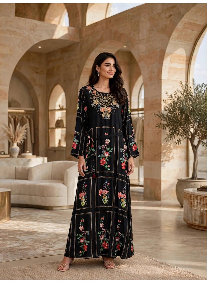IKKXA Elegant Printed Jalabiya with Tassel Belt - Image 1