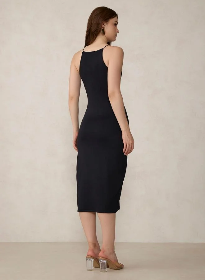 Outzidr  Black Sleeveless Bodycon Midi Dress for Women | Best Price UAE