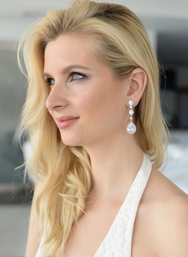Mariell Bridal Wedding Clip-On Dangle Earring, CZ Clip Non-Pierced Earring for Bride, Mother of the Bride - Image 3