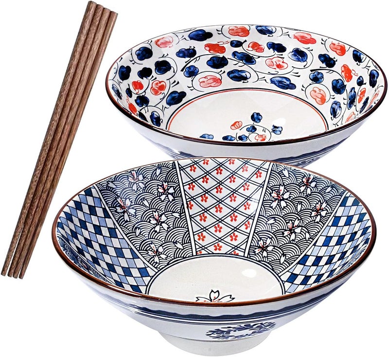 BOSILI Japanese Porcelain Ramen Bowl and Chopstick Set of 2 Large Ceramic Instant Noodle Bowls for Pho Lamian Noodles - Image 1