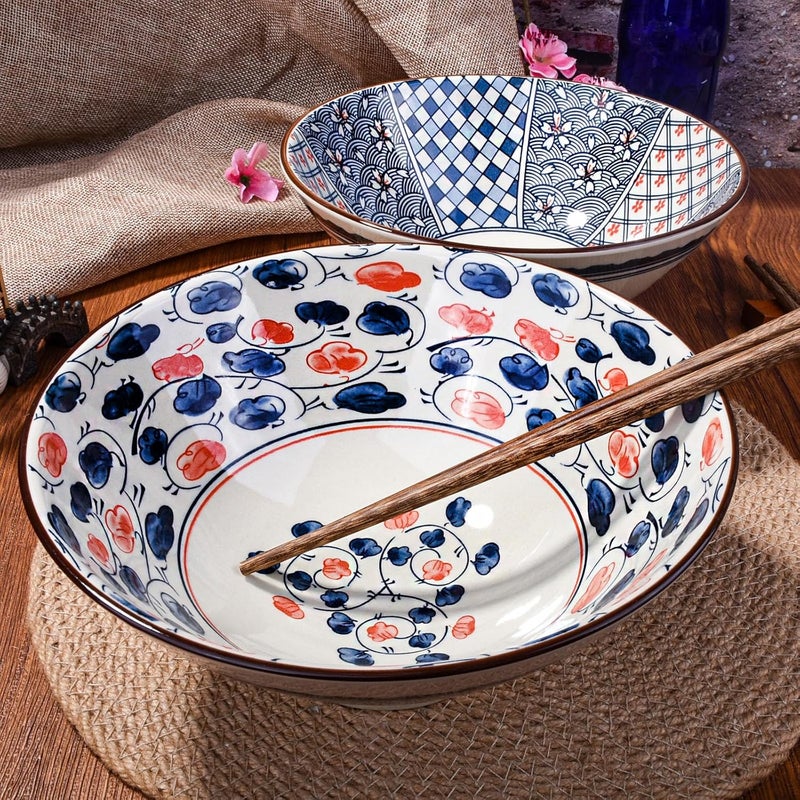BOSILI Japanese Porcelain Ramen Bowl and Chopstick Set of 2 Large Ceramic Instant Noodle Bowls for Pho Lamian Noodles - Image 3