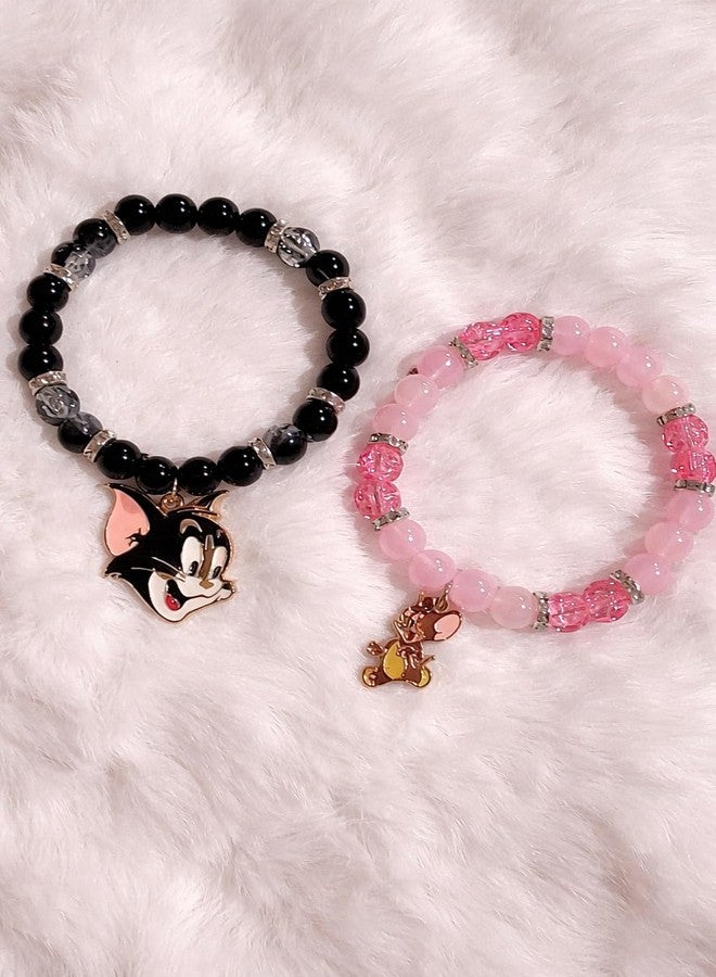 SUKHAD Tom & Jerry Couple Bracelet Set for Women & Men | Black & Pink Beaded Stretch Bracelets with Cartoon Charms | Matching Friendship Jewelry (Set of 2) - Image 4