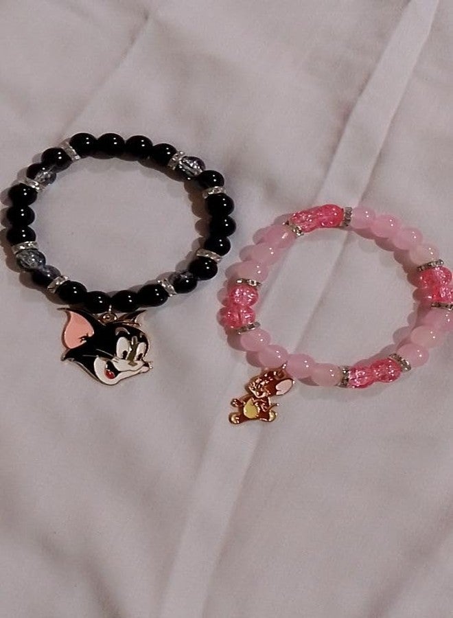 SUKHAD Tom & Jerry Couple Bracelet Set for Women & Men | Black & Pink Beaded Stretch Bracelets with Cartoon Charms | Matching Friendship Jewelry (Set of 2) - Image 3
