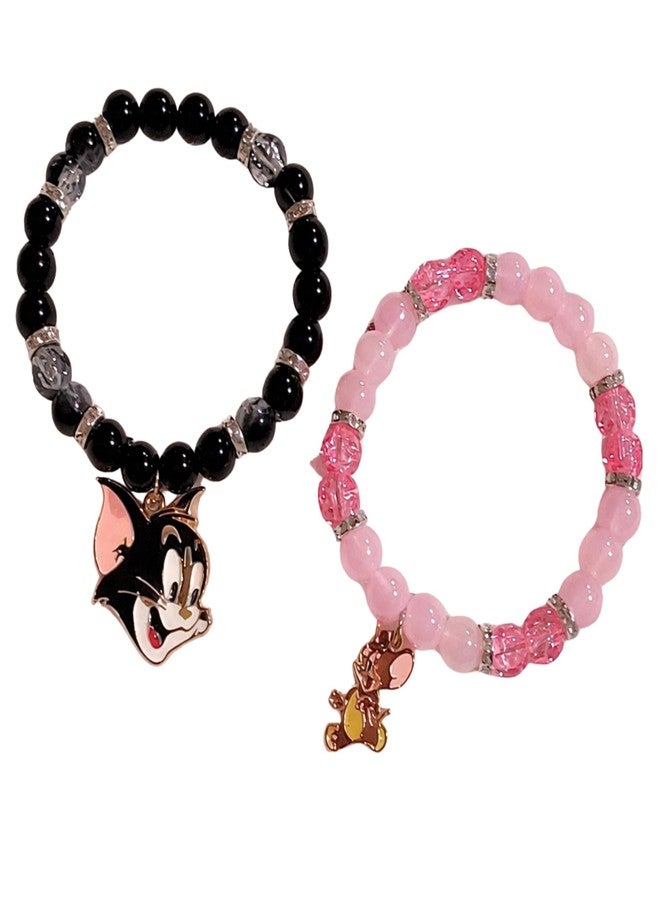 SUKHAD Tom & Jerry Couple Bracelet Set for Women & Men | Black & Pink Beaded Stretch Bracelets with Cartoon Charms | Matching Friendship Jewelry (Set of 2) - Image 1