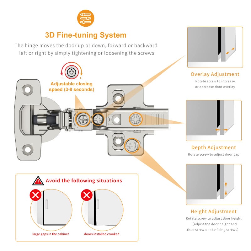 Chibery 10 Pack Frameless Inset Soft Close Concealed European Hinges, Self Closing Satin Nickel, 105 Â° Open Angle 4D Adjustment, Speed Control, Clip On, Stainless Steel for Cabinet Door - Image 3
