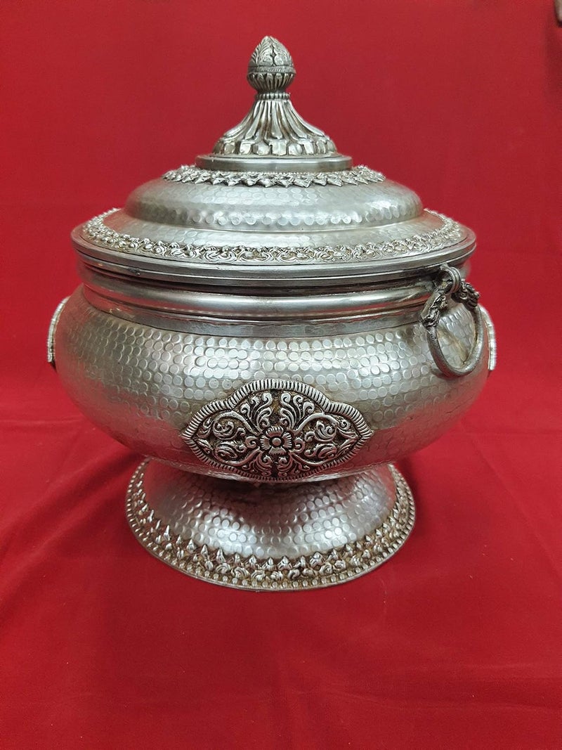 NIM NIM Brass silver platted antique finish round box with lidcontainerdecoration boxtable top showpiecemultipurpuse storage box totally handcarved by indian skilled craftmen  - Image 1
