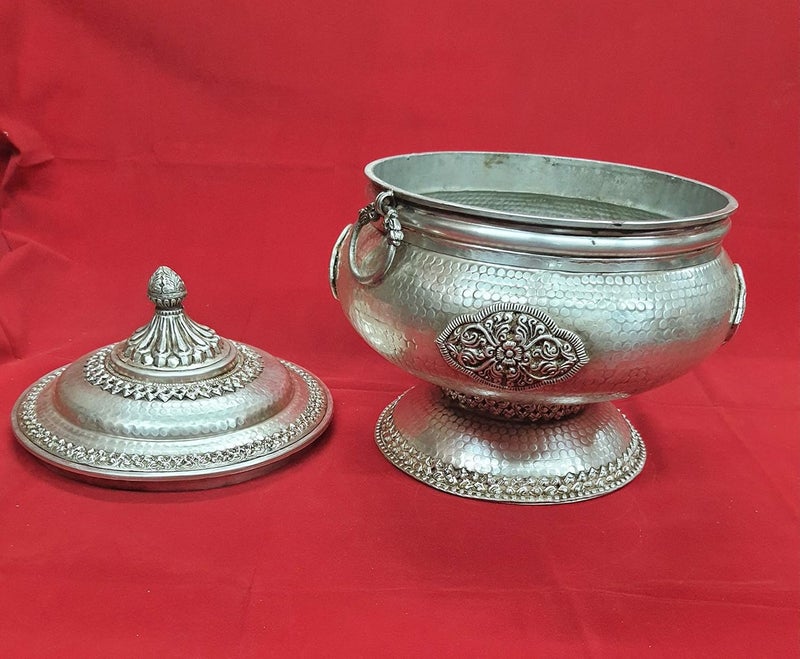 NIM NIM Brass silver platted antique finish round box with lidcontainerdecoration boxtable top showpiecemultipurpuse storage box totally handcarved by indian skilled craftmen  - Image 2