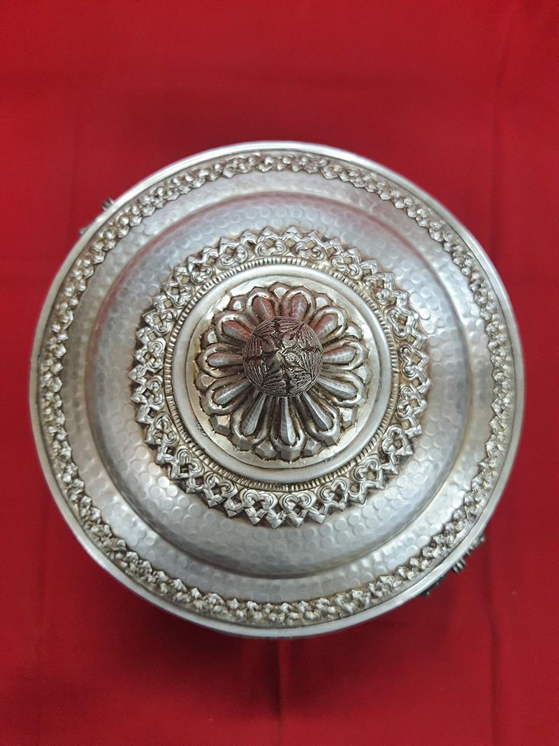 NIM NIM Brass silver platted antique finish round box with lidcontainerdecoration boxtable top showpiecemultipurpuse storage box totally handcarved by indian skilled craftmen  - Image 3
