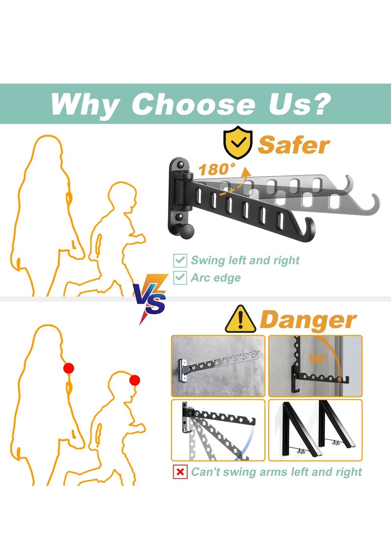 Wall Mounted Clothes Hanger with Swing Arm, Laundry Room Dryer Rack, Folding Valet Hook, Sturdy Hanging, Foldable 180°Rotation, Solid Aluminum (2-Pack, Black) - Image 3