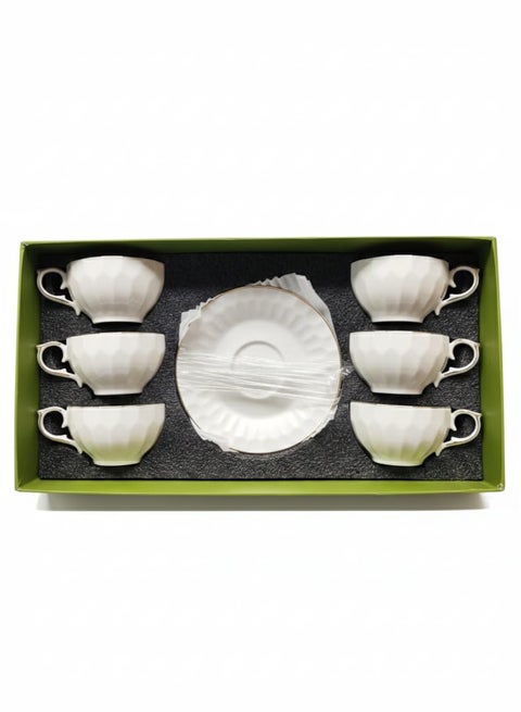 Angela Ceramic 12 Piece Coffee Cup & Saucer Set including 6 Cups and 6 saucers , Serves 6 people, - White, with Gold Rim (GL253)