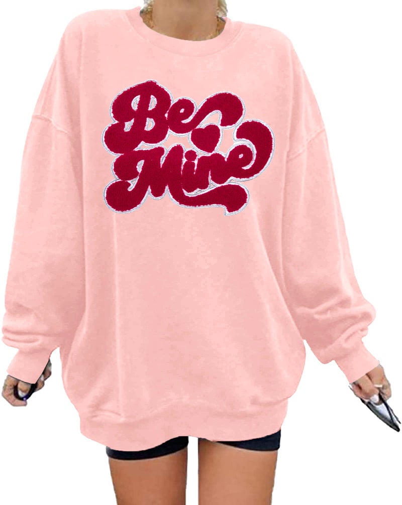 VILOVE Valentines Sweatshirts for Women Be Mine Glitter Patch Valentine Shirts Oversized Love Heart Sweater Holiday Outfits Peach Pink - Image 1
