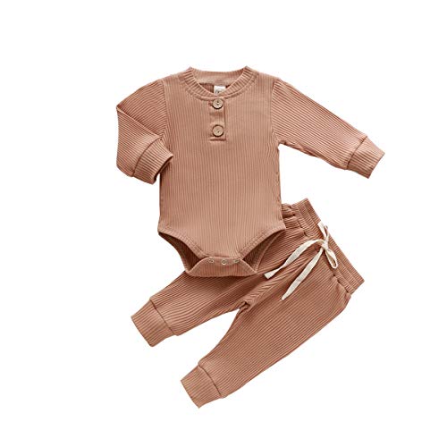 Bmnmsl Baby Newborn Girls Boys Long Sleeve Clothes Striped Romper & Pants Set Infant Fall Winter Cotton Outfits (B-Brown, 0-6 Months) - Image 1
