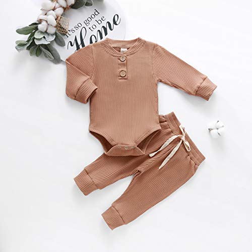 Bmnmsl Baby Newborn Girls Boys Long Sleeve Clothes Striped Romper & Pants Set Infant Fall Winter Cotton Outfits (B-Brown, 0-6 Months) - Image 3