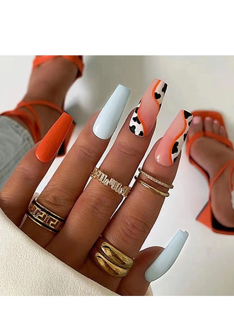 24 Pcs Matte Orange and Blue Ballet Press-on Nails for Women and Girls, Leopard Print Animal Accent Stick-on Nails, Complete Nail Kit with Gel Glue and File - Image 1