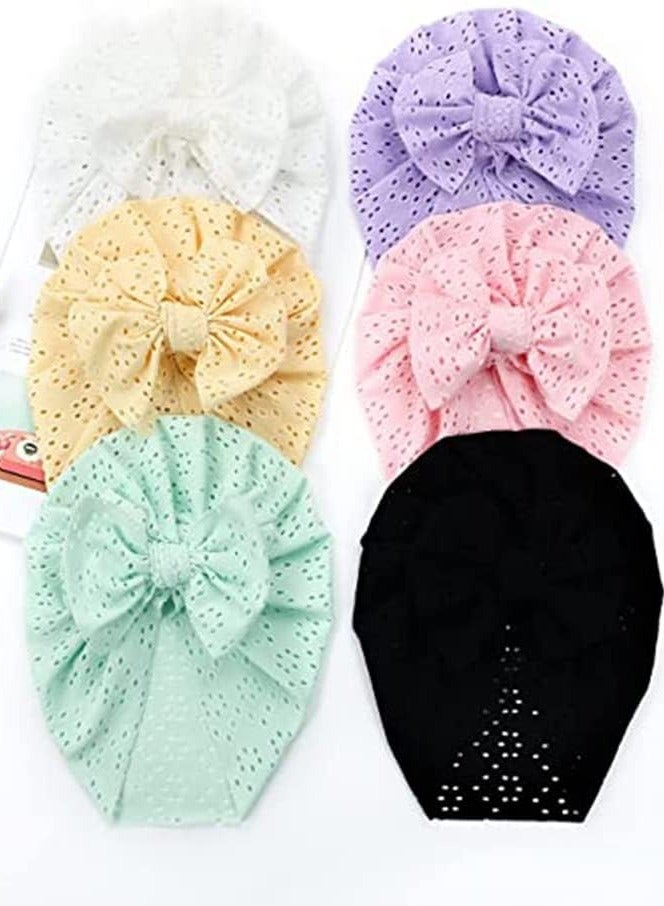 iMissiu Breathable Soft Big Bow Turban Hats, Beanie Caps Headwraps for Baby Girls Infants Toddlers Cute Toddler Cap Baby Turban Hats Turban Bun Knot 6 Pack - Image 4