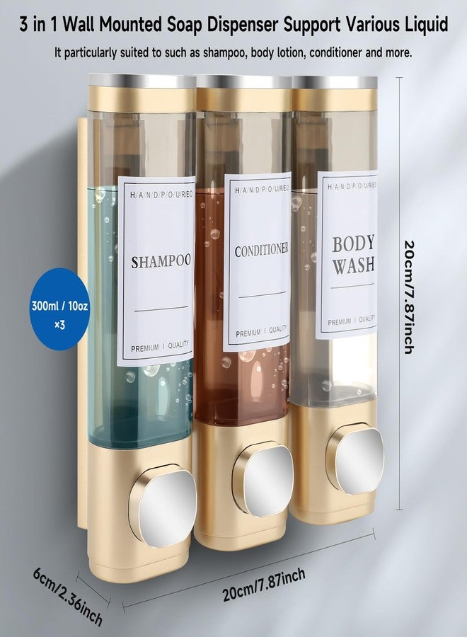 MEKOTRIN Shampoo and Conditioner Dispenser, Shower Soap Dispenser Wall Mounted 3 Chamber 300ml, Refillable Hand Soap Dispensers, Body Wash Dispenser for Bathroom Kitchen Hotel Home 5 Colors(Gold) - Image 2