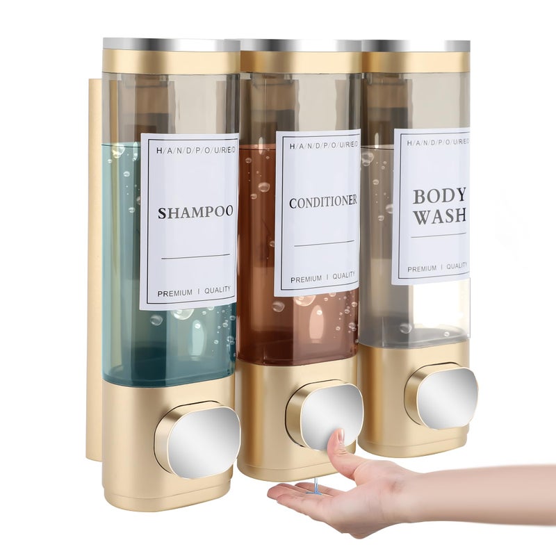MEKOTRIN Shampoo and Conditioner Dispenser, Shower Soap Dispenser Wall Mounted 3 Chamber 300ml, Refillable Hand Soap Dispensers, Body Wash Dispenser for Bathroom Kitchen Hotel Home 5 Colors(Gold) - Image 1