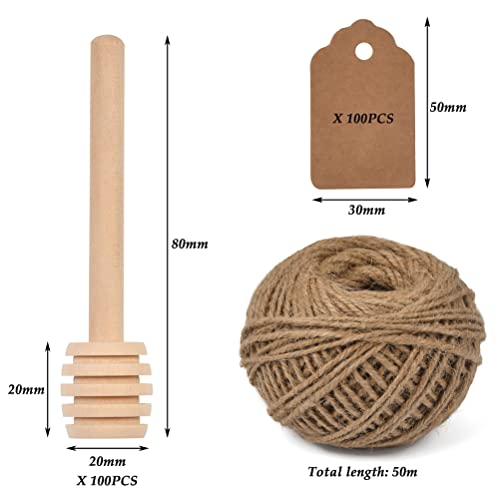 FOCCTS 100pcs Honey Dipper Sticks, 3 inch Wooden Honey Dipper Honey Stirrers Honey Spoon with Natural Jute Twine Kraft Paper Tags for Honey Jar Dispense Drizzle Honey Wedding Party Favors Honey Server - Image 2