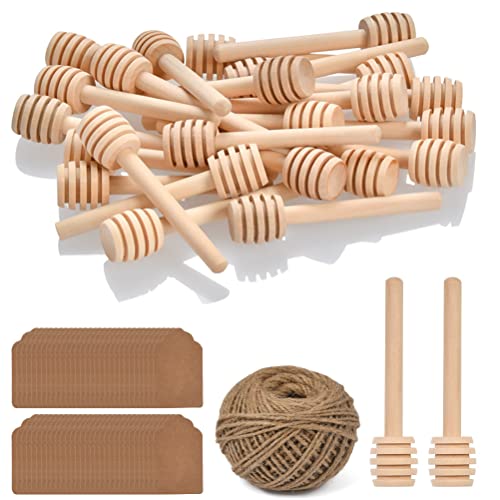 FOCCTS 100pcs Honey Dipper Sticks, 3 inch Wooden Honey Dipper Honey Stirrers Honey Spoon with Natural Jute Twine Kraft Paper Tags for Honey Jar Dispense Drizzle Honey Wedding Party Favors Honey Server - Image 1