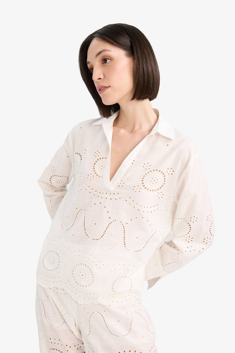 DeFacto White Woman Fall in Love Regular Fit Embroidered Beach Shirt Casual - Image 4
