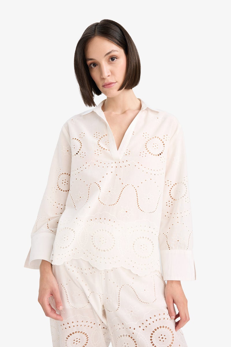 DeFacto White Woman Fall in Love Regular Fit Embroidered Beach Shirt Casual - Image 5