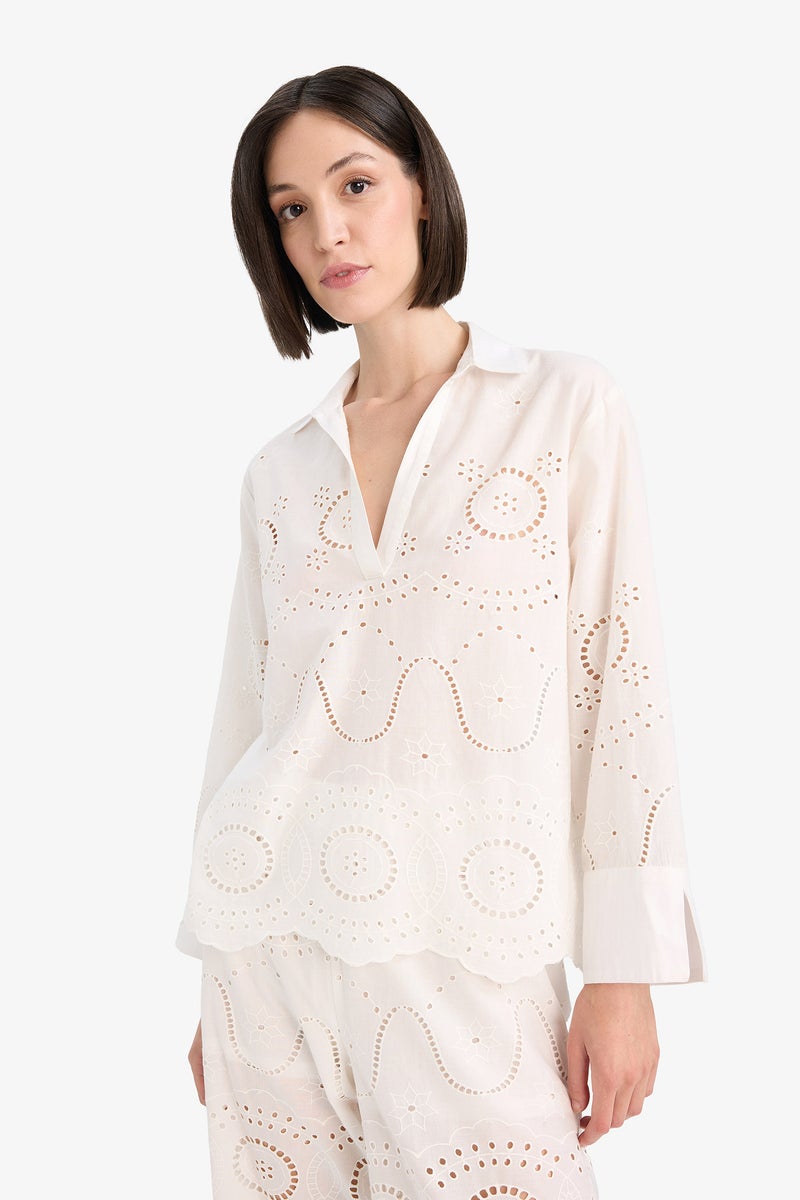 DeFacto White Woman Fall in Love Regular Fit Embroidered Beach Shirt Casual - Image 3