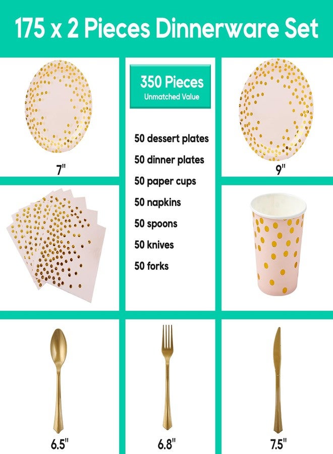 JOLLY PARTY Pink and Gold Party Supplies - 350 PCS Disposable Dinnerware Set - Pink Paper Plates Napkins Cups, Gold Plastic Forks Knives Spoon for Graduation, Birthday, Cocktail Party - Image 2