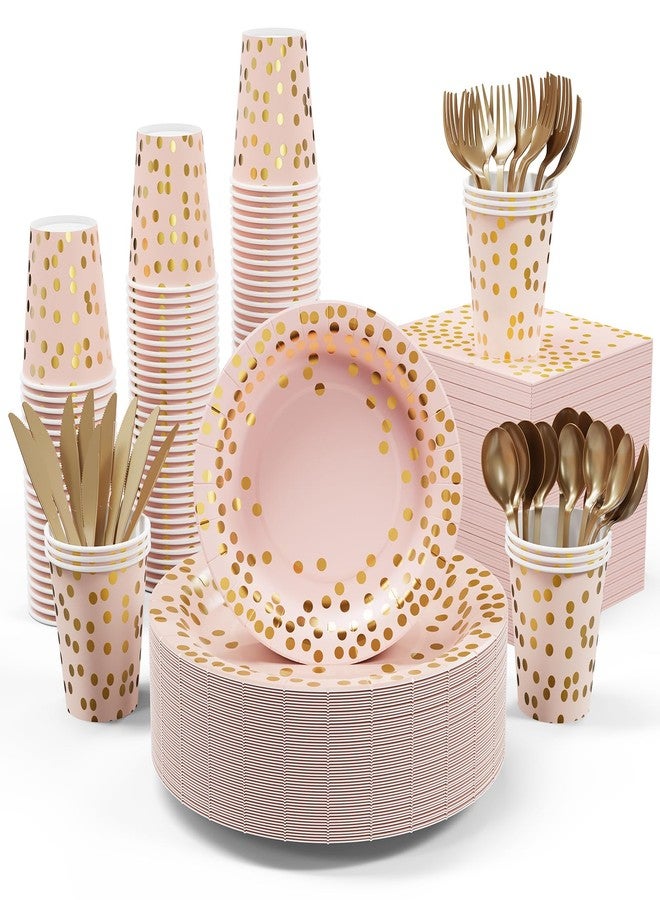 JOLLY PARTY Pink and Gold Party Supplies - 350 PCS Disposable Dinnerware Set - Pink Paper Plates Napkins Cups, Gold Plastic Forks Knives Spoon for Graduation, Birthday, Cocktail Party - Image 1