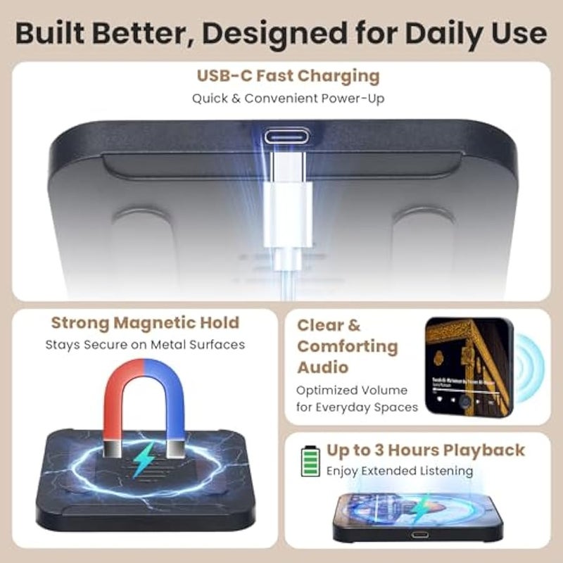 أنكوفو مكبر صوت مغناطيسي للقرآن الكريم للثلاجة - مشغل صوت سورة محمّل مسبقًا مع تلاوات اسلامية، مغناطيس محمول، USB نوع سي، قابل لاعادة الشحن، تحكم باللمس، هدايا رمضان والعيد، هدايا اسلامية (سورة الرحمن) - Image 4