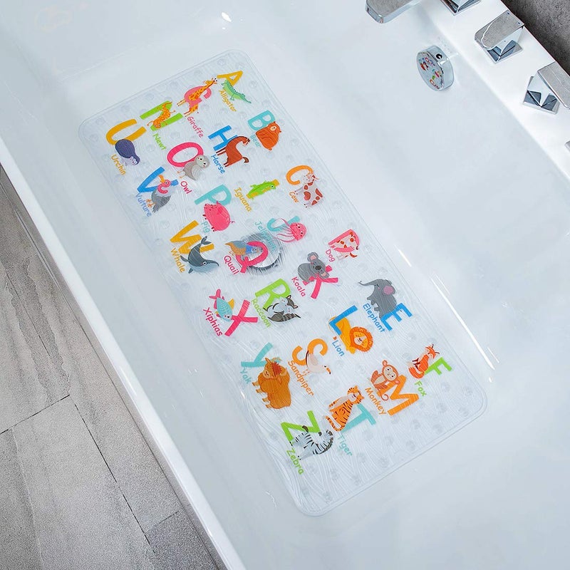 BEEHOMEE Cartoon Non Slip Bathtub Mat for Kids  34x15 Inch XL Large Size Anti Slip Shower Mats for for Toddlers Children Baby Floor Tub Mats Alphabet