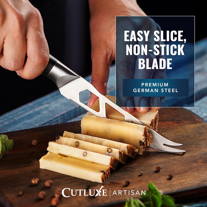 Cutluxe Cheese Knife – 5" Cheese Knife Slicer for Soft and Hard Cheese – Pronged, Serrated & Non Stick Blade – High Carbon German Steel, Full Tang & Ergonomic Handle Design – Artisan Series - Image 4