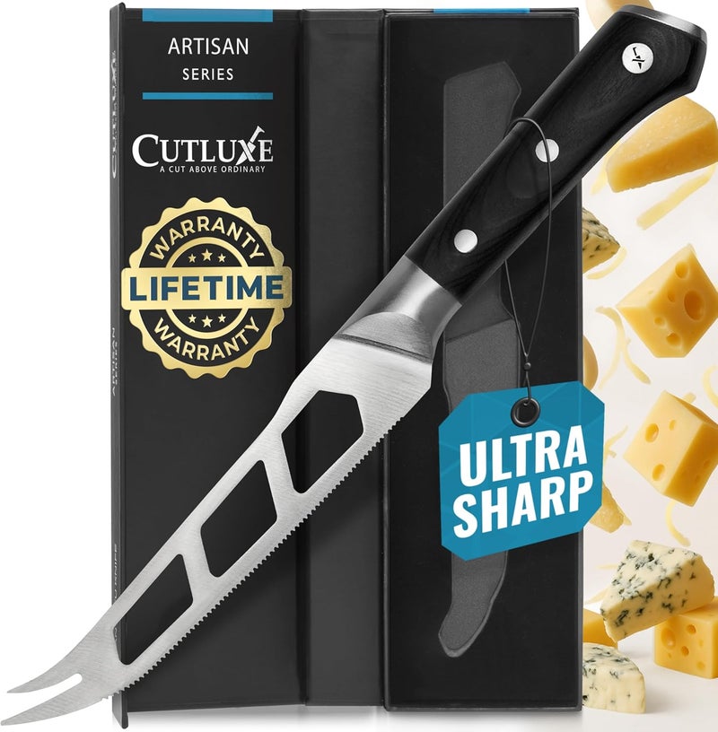 Cutluxe Cheese Knife – 5" Cheese Knife Slicer for Soft and Hard Cheese – Pronged, Serrated & Non Stick Blade – High Carbon German Steel, Full Tang & Ergonomic Handle Design – Artisan Series - Image 1