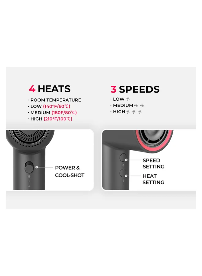 TYMO Airhype Lite High-Speed Hair Dryer 3 Nozzles 240V - Silver