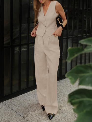 Cicy Bell Women's 2 Piece Outfits V Neck Crop Vest Blazer and Wide Leg Suit Pants Sets Apricot - Image 3