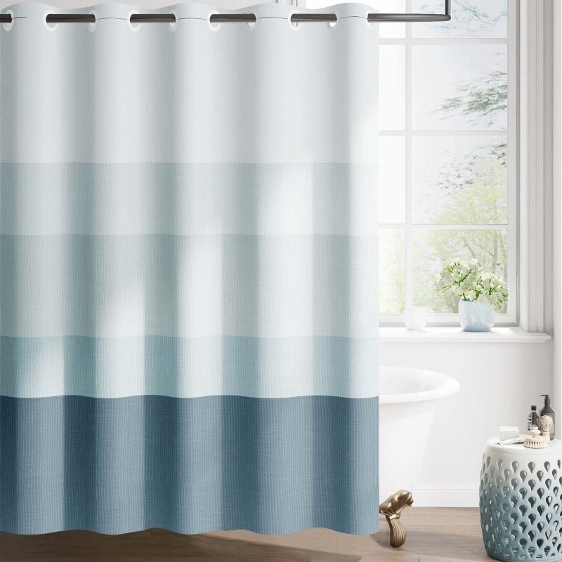 jinchan Hookless Shower Curtain Ombre Ocean Blue Striped No Hook Shower Curtains for Bathroom Gradual Color Waterproof Fabric Minimalist Design Modern Neutral 70x72 inches - Image 1