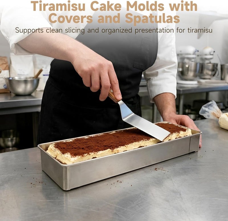 2 Pcs Tiramisu Cake Molds with Acrylic Covers and 3 Wood Handle Spatulas, Non-Stick Stainless Steel Rectangular Baking Pan Set, 15.9 x 3.9 x 2.6 in for Tiramisu, Cheesecake, Mousse, Lasagna - Image 3