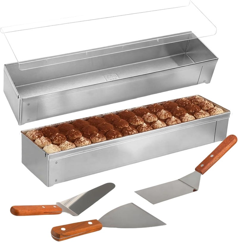 2 Pcs Tiramisu Cake Molds with Acrylic Covers and 3 Wood Handle Spatulas, Non-Stick Stainless Steel Rectangular Baking Pan Set, 15.9 x 3.9 x 2.6 in for Tiramisu, Cheesecake, Mousse, Lasagna - Image 1