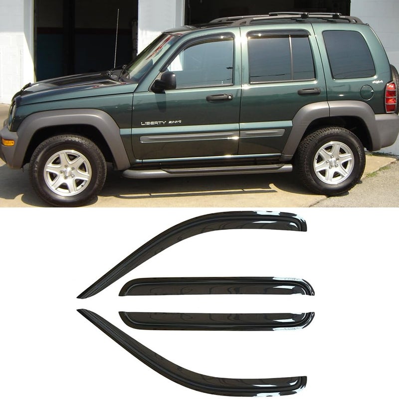Deebior 94428 Side Window Visors Wind Vent Deflectors Compatible with 20022007 Jeep Liberty 4pcs OutChannel Good Looking Dark Smoke TapeOn Rain Guards Set