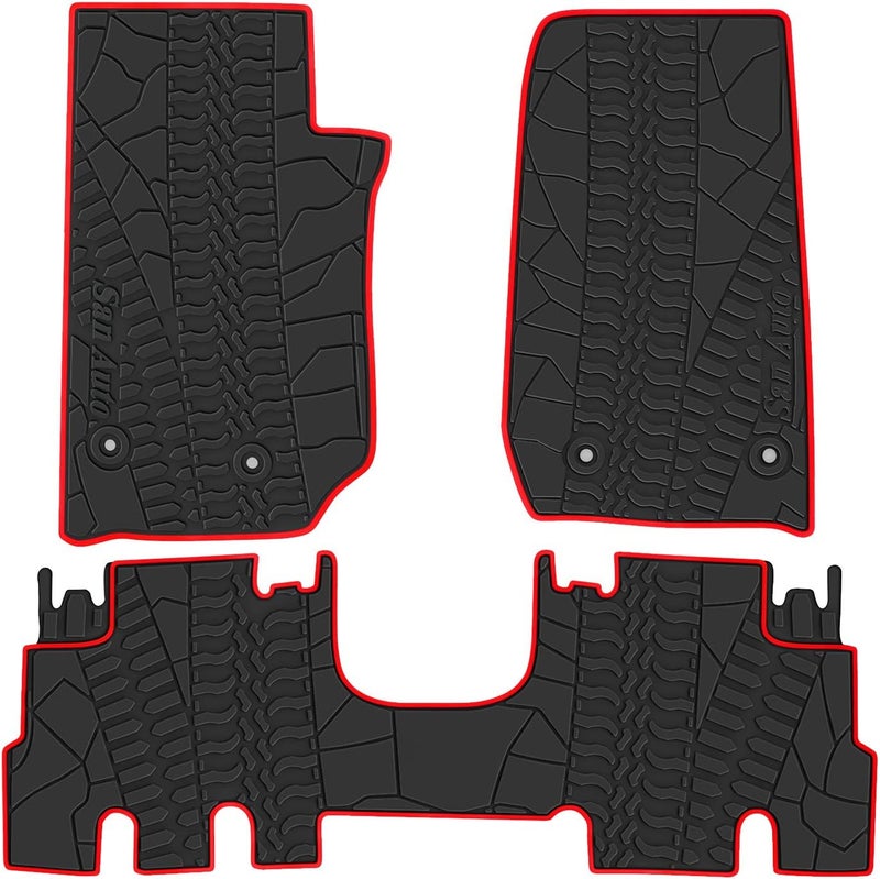 SAN AUTO Car Floor Mat for Jeep Wrangler Sahara Rubicon JK 4 Door 2014 2015 2016 2017 2018 Full Set 4 Pieces Custom Fit Black Red Rubber Auto Floor Liner Mat All Weather Heavy Duty Odorless - Image 1