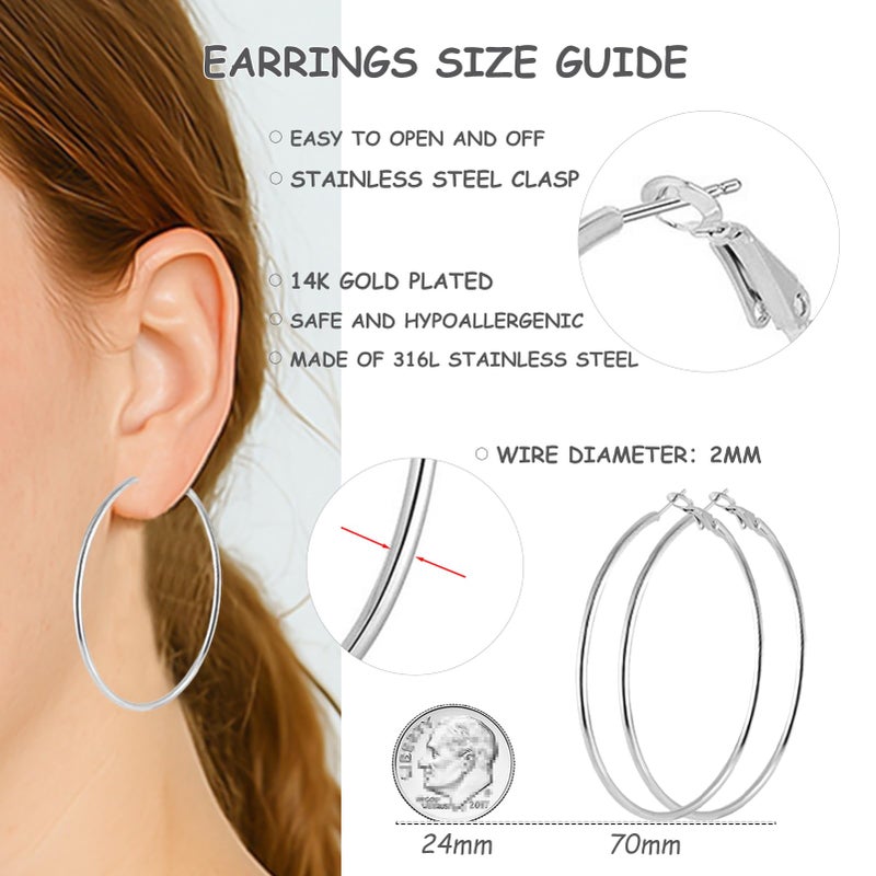 YINCUO 70mm Big Large Stainless Steel Silver Hoop Earrings for Women Lightweight Hoops Hypoallergenic Thin Dangle - Image 2