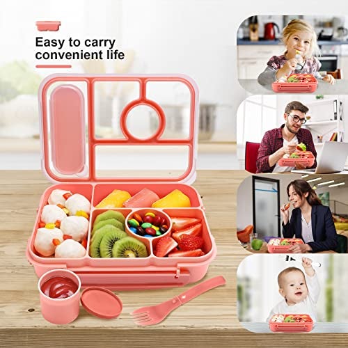 Amathley Bento Box Adult Lunch Box Kids,Lunch Containers for Adults/Kids/Toddler,5 Compartments Bento Lunch Box with Sauce Vontainers,Microwave & Dishwasher & Freezer Safe,BPA-Free(Pink) - Image 3
