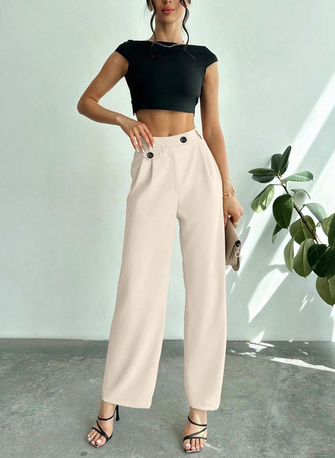 Take Two Off White Wide Leg Trousers with Button - Image 4