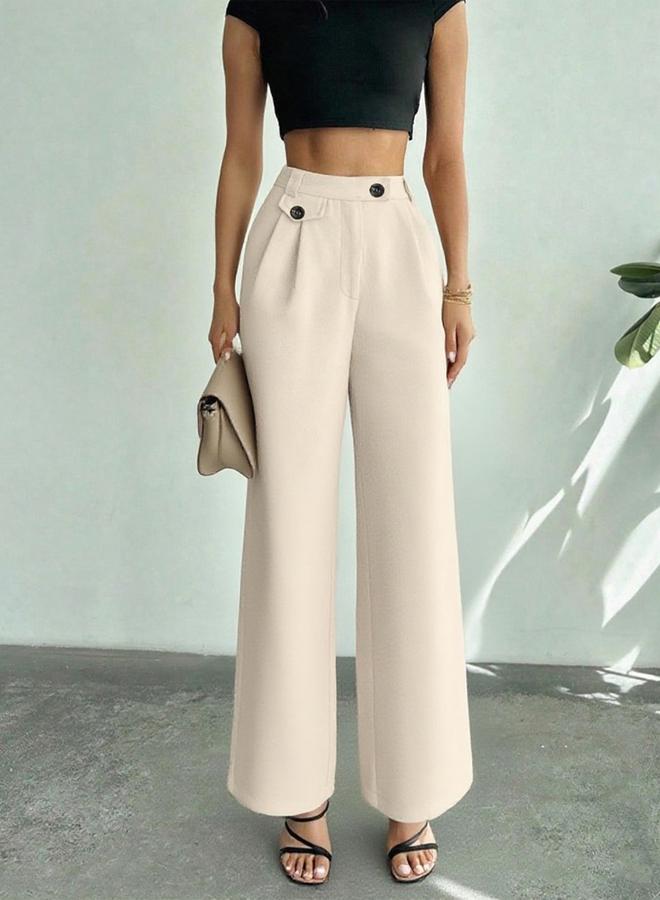 Take Two Off White Wide Leg Trousers with Button - Image 3