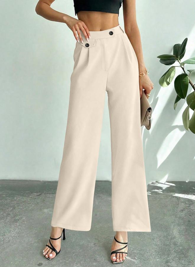 Take Two Off White Wide Leg Trousers with Button - Image 1