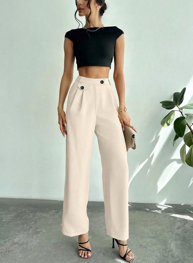 Take Two Off White Wide Leg Trousers with Button - Image 5