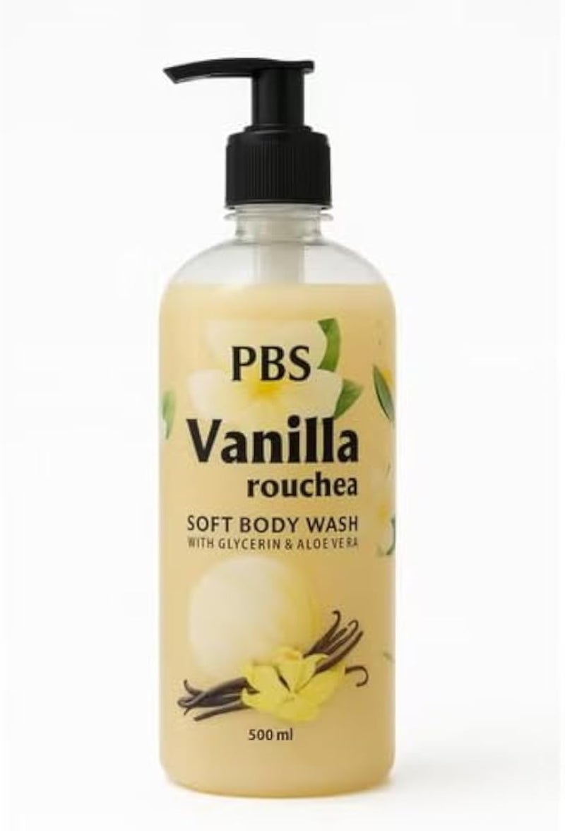 PBS Vanilla Rouchea Soft Body Wash - Gentle Cleansing Shower Gel with Glycerin &amp; Aloe Vera, 500ml