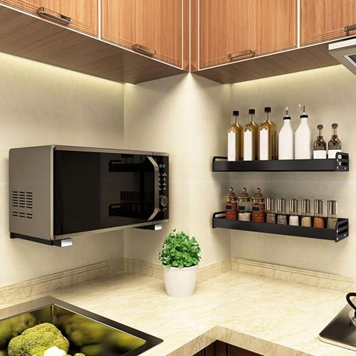 Eeghurt 304 Stainless Steel Sturdy Microwave Shelf Bracket Wall Mount Kit Foldable Stretch Wall Mounted Rack Shelf Oven Stand Shelf Rack 2Piece with Screws, 200X220mm 8X8.5Inch, Black - Image 1