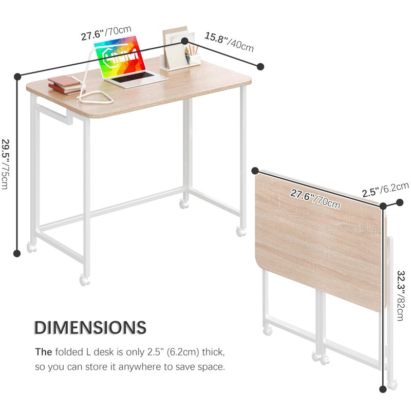 4NM 27.5" Mobile Small Rolling Computer Desk, Folding Laptop Cart Table with Wheels, Portable Office Desk for Small Space Couch Bed - Natural and White - Image 5